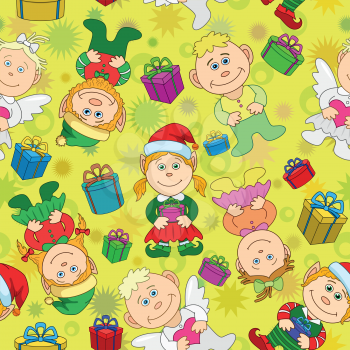 Seamless Holiday Christmas Cartoon Background: Boys and Girls Elves and Angels with Gift Boxes. Vector