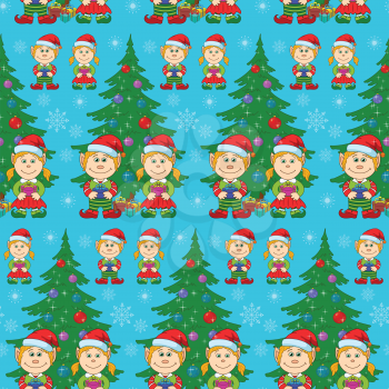 Seamless holiday Christmas background, cartoon child elves with gift boxes near fir tree. Vector