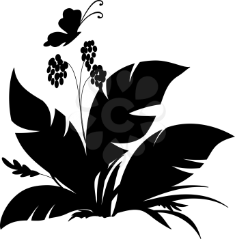 Tropical plant and butterfly, black silhouette on white background. Vector illustration