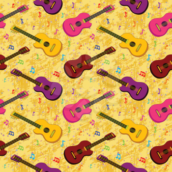 Seamless background, pattern of colorful guitars and notes. Vector