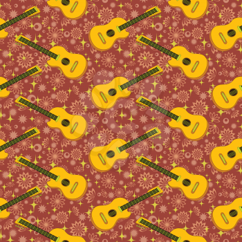 Seamless background, yellow guitars and floral pattern. Vector