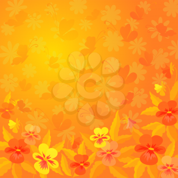 Abstract red, orange, and yellow background: pansies flowers and butterflies silhouettes. Vector