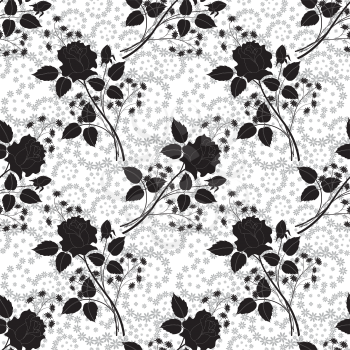 Seamless pattern, rose flowers and leaves black silhouettes on grey and white floral background. Vector
