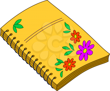 Yellow paper notebook for writing with flower pattern on cover. Vector