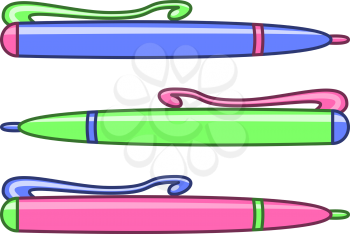 Set of three multi-coloured ball-point pens: blue, green and pink
