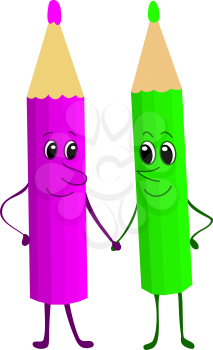 Cartoon colour pencils friends, boy and girl. Vector