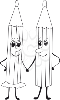 The pencil boy and pencil girl hold each other for hands, black and white illustration