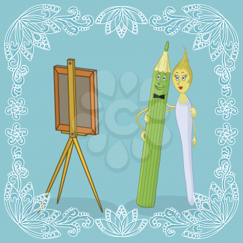 Cartoon family: man pencil, woman brush and easel. Border of white outline symbolic flowers. Vector illustration