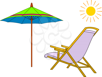 Summer objects, a beach chaise lounge, an umbrella and the sun. Vector
