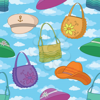 Seamless background, blue sky with white clouds and summer beach accessories: handbags and hats. Vector