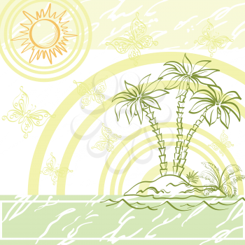 Exotic background. Outline island with a palm tree, sun, butterflies, rings and grunge pattern. Vector