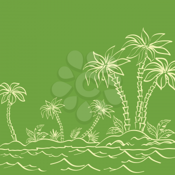Tropical landscape, sea island with palm trees and grass, white contours on green background. Vector