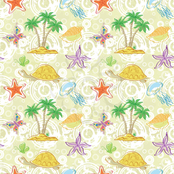 Seamless tropical background, Sea Island with palm trees, butterflies, shells, jellyfish, turtles and starfish. Vector