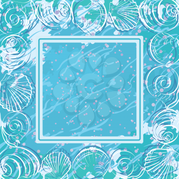 Abstract background with contour marine seashells and frame. Vector