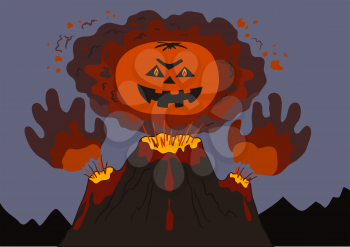 The evil erupting volcano with a human face and hands, cartoon. Vector illustration