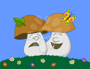 Cartoon, mushrooms: cheerful and sad, flowers, a grass, leaf, the butterfly. Vector