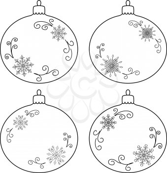 Vector, Christmas tree decoration: set glass balls with snowflakes, contours