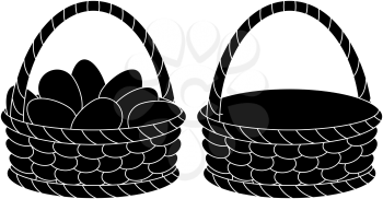 Wattled Easter baskets, empty and with chicken eggs, black silhouettes on white background. Vector