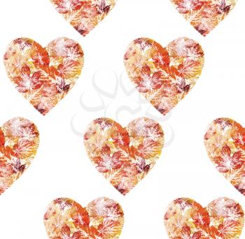Seamless background, Valentine red hearts from leaves, hand-draw, watercolor