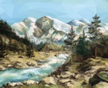 Mountain Landscape with Fir Trees and River, Low Poly. 