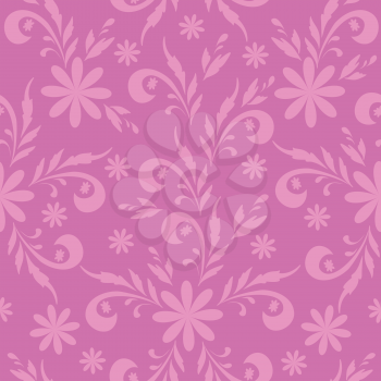 Seamless floral background, pink symbolical silhouette flowers on lilac. Vector