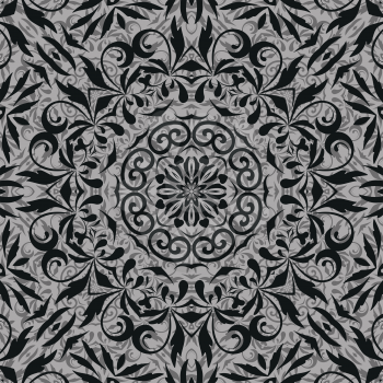 Seamless abstract floral pattern, black contours on grey background. Vecto
