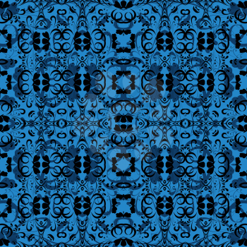 Seamless abstract pattern, black contours on blue background. Vector
