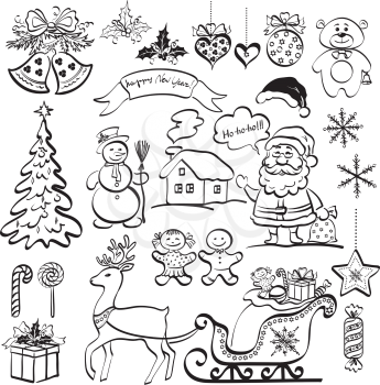 Christmas elements for holiday design, set of black cartoon silhouettes on white background. Vector
