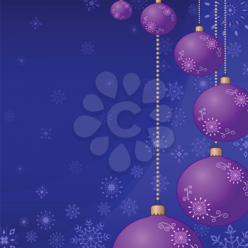 Background with Christmas tree decoration and snowflakes. Vector