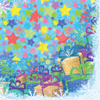 Christmas holiday background with gift boxes, snowflakes and stars. Vector