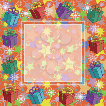 Christmas holiday background with gift boxes, stars and snowflakes. Eps10, contains transparencies. Vector