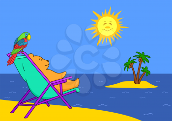 Teddy-bear has a rest on a beach, sitting in a chaise lounge, its friend a parrot there and then sits