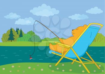 Cartoon, teddy bear sitting in a chaise lounge and fishing in forest river. Vector