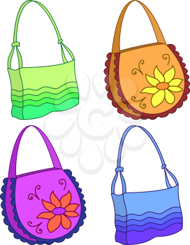Female multi-coloured handbags with a flower pattern, set. Vector