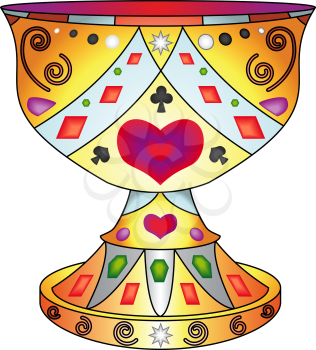 Legendary bowl Holy Grail, adorned with patterns and precious stones. Vector