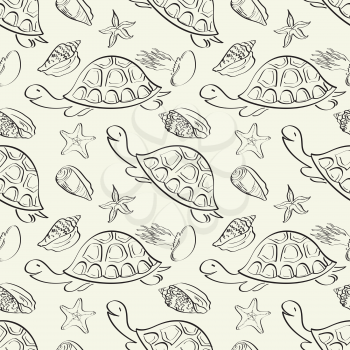 Seamless pattern, turtles, seashells, starfish and jellyfish black contours isolated on white background. Vector