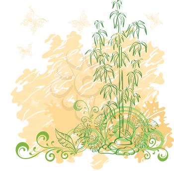 Exotic background. Contour bamboo plants, flowers, butterflies and abstract grunge pattern. Vector