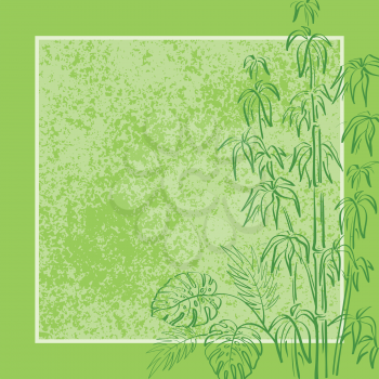 Exotic background, contour bamboo plants, frame and abstract grunge pattern. Vector