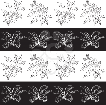 Seamless exotic background, pattern, black and white contour hibiscus flowers and leaves. Vecto