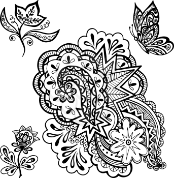 Set of Vintage Calligraphic Patterns, Symbolic Flowers, Butterfly and Abstract Ornament, Black Contours Isolated On White Background. Vector