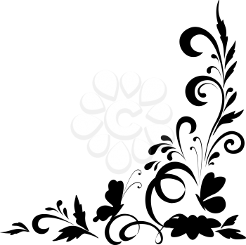 Abstract floral background with flowers and butterflies, black silhouettes on white background. Vector