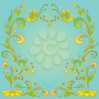 Abstract green and yellow vector background with flowers and butterflies