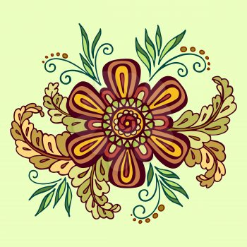 Pattern, Symbolic Colorful Flower and Leafs, Floral Ornament on Green Background. Vector