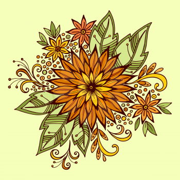 Pattern, Symbolic Colorful Flower and Leafs, Floral Ornament. Vector