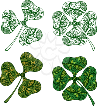 Clover Plants With a Symbolical Floral Pattern, With Three Leaves and Four-Sheeted Quadrifoliate Tetraphyllous Happy, Colorful and Green Monochrome Contours, Isolated on White Background. Vector