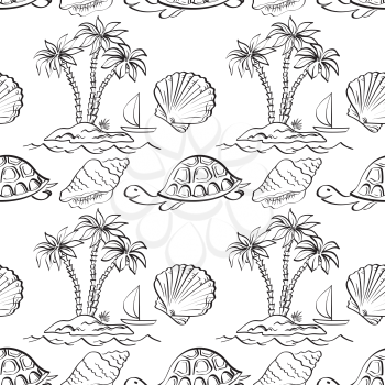 Seamless pattern. Sea island with palm trees, boat, turtles, shells. Black contour on white background. Vector
