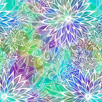 Background with Contours Floral Pattern, Symbolic Flowers and Leafs and Abstract Ornament. Eps10, Contains Transparencies. Vector
