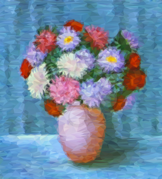 Flowers, Bouquet of Asters in a Pot, Low Poly Geometrical Polygonal Colorful Pattern. Vector