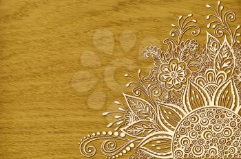 Calligraphic Vintage Pattern, Symbolic Flowers and Leafs, Abstract Floral Outline Ornament, Contours on Wood Texture, Oak Tree Veneer