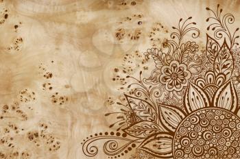 Calligraphic Vintage Pattern, Symbolic Flowers and Leafs, Abstract Floral Outline Ornament, Brown Contours on Wood Texture, Veneer Poplar Root